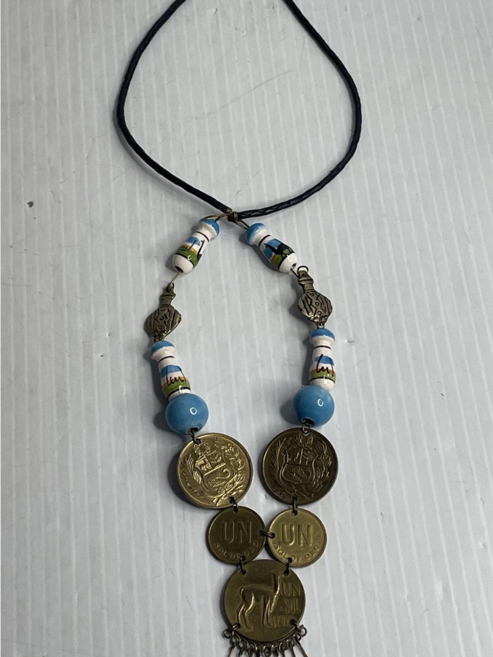 Vintage 1970's Peruvian Sol coin necklace ceramic beads, brass llama findings